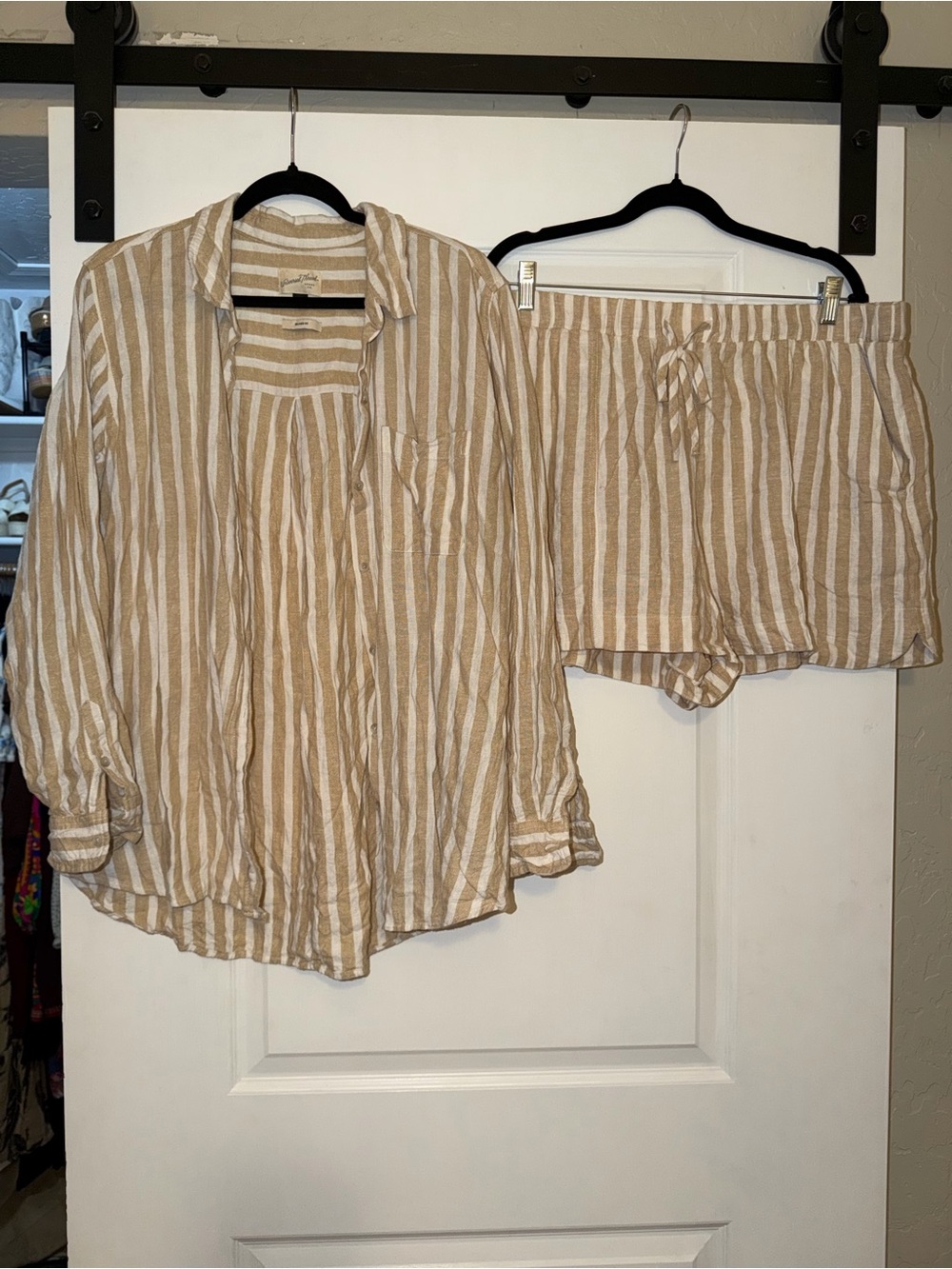 Universal Thread Tan & White Striped Pajama Button-Up Top and Drawstring Shorts